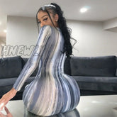 Hnewly Chicology Neon Tie Dye Print Stripe Lace Up Maxi Dress Women Long Sleeve Sexy Autumn Winter